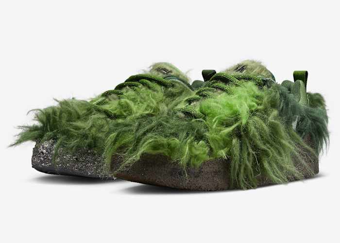 View of furry green Nike shoes.